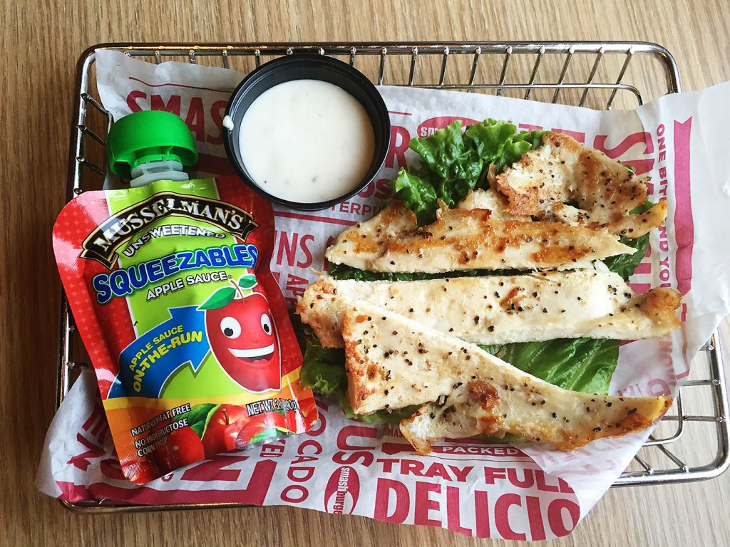 Smashburger now has grilled chicken strips and unsweetened applesauce on their kids menu!