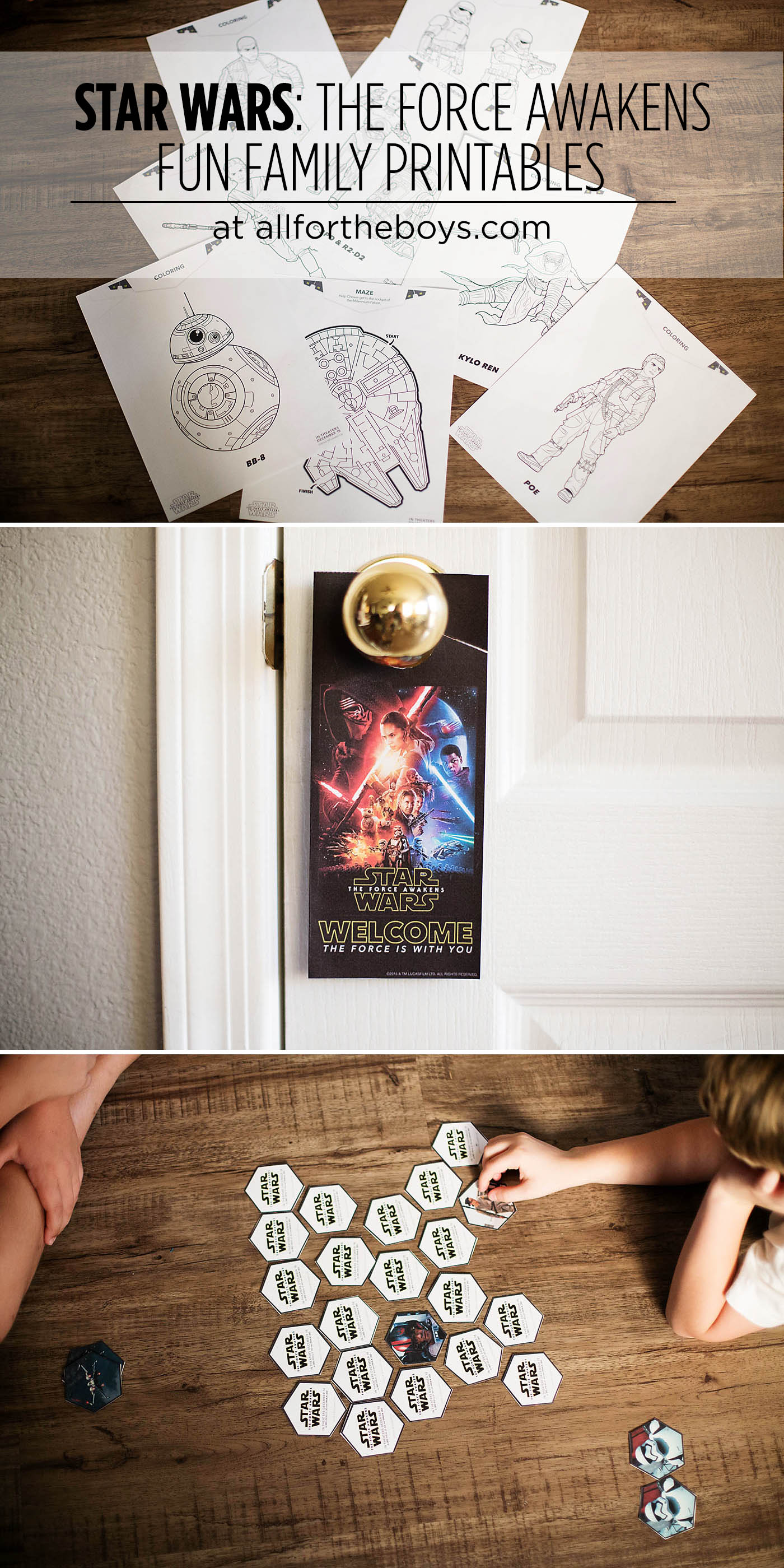 STAR WARS: THE FORCE AWAKENS fun family printables - includes coloring pages, a maze, matching game, bookmark and door hanger!