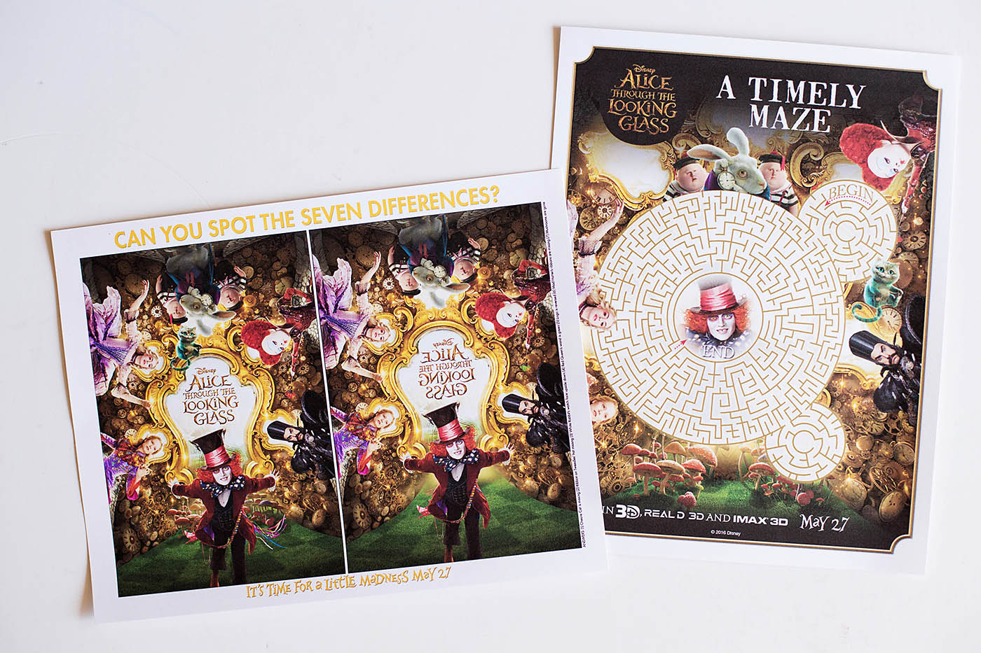 Disney's Alice Through the Looking Glass printable activities including a maze, find the difference, coloring pages, a giant floor puzzle and bookmarks!