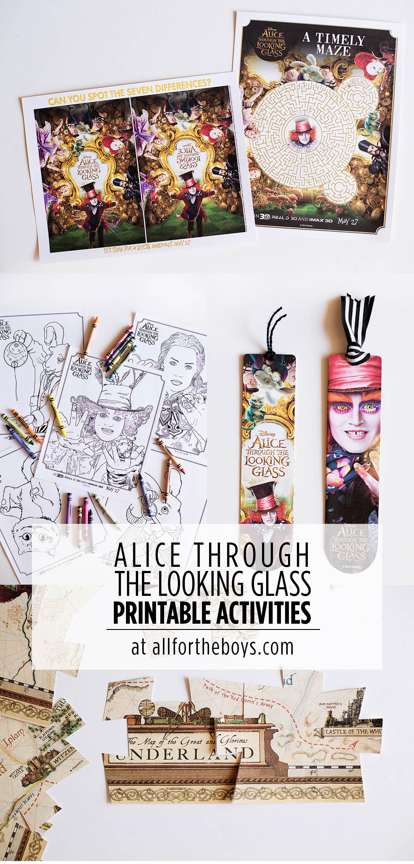 Disney's Alice Through the Looking Glass printable activities including a maze, find the difference, coloring pages, a giant floor puzzle and bookmarks!