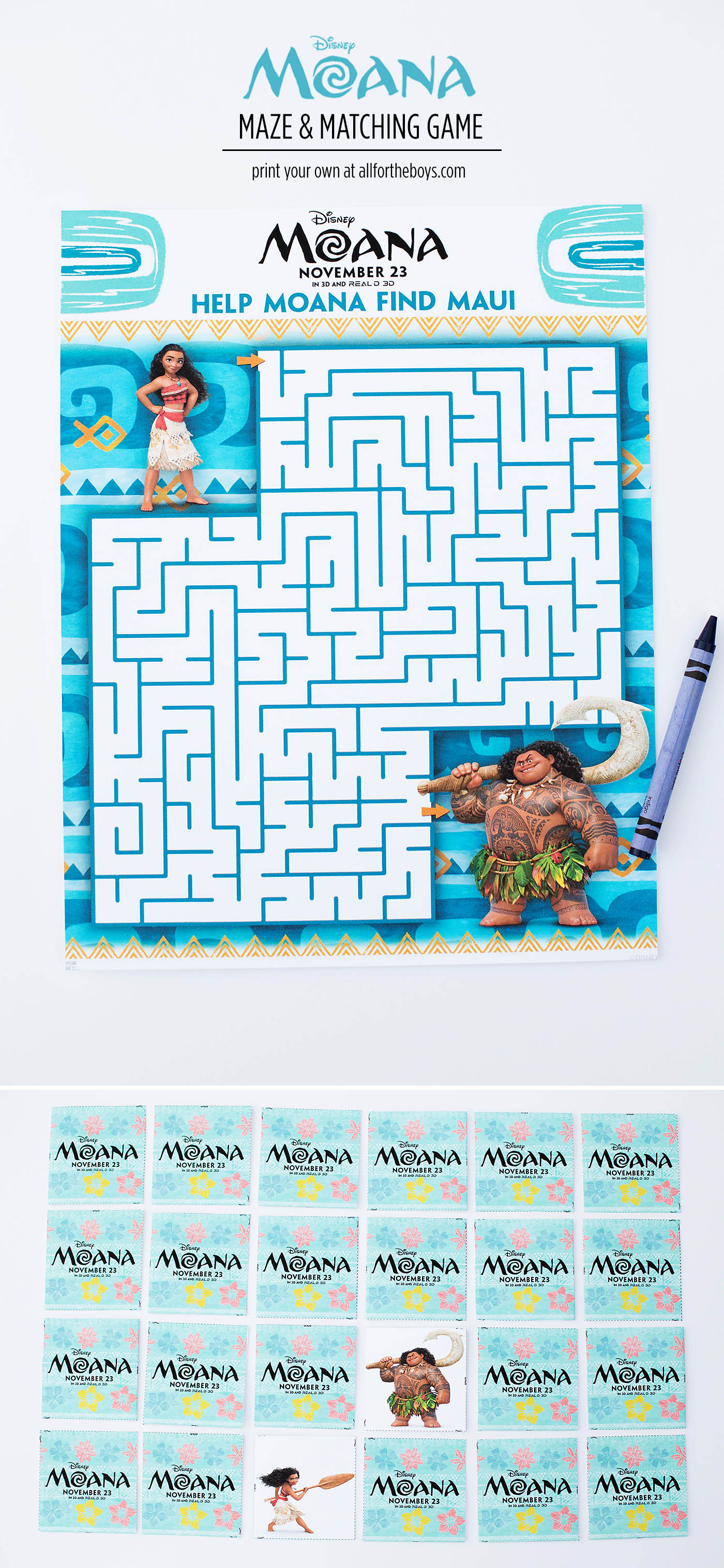 Moana printable coloring pages, bookmarks, maze and matching game!