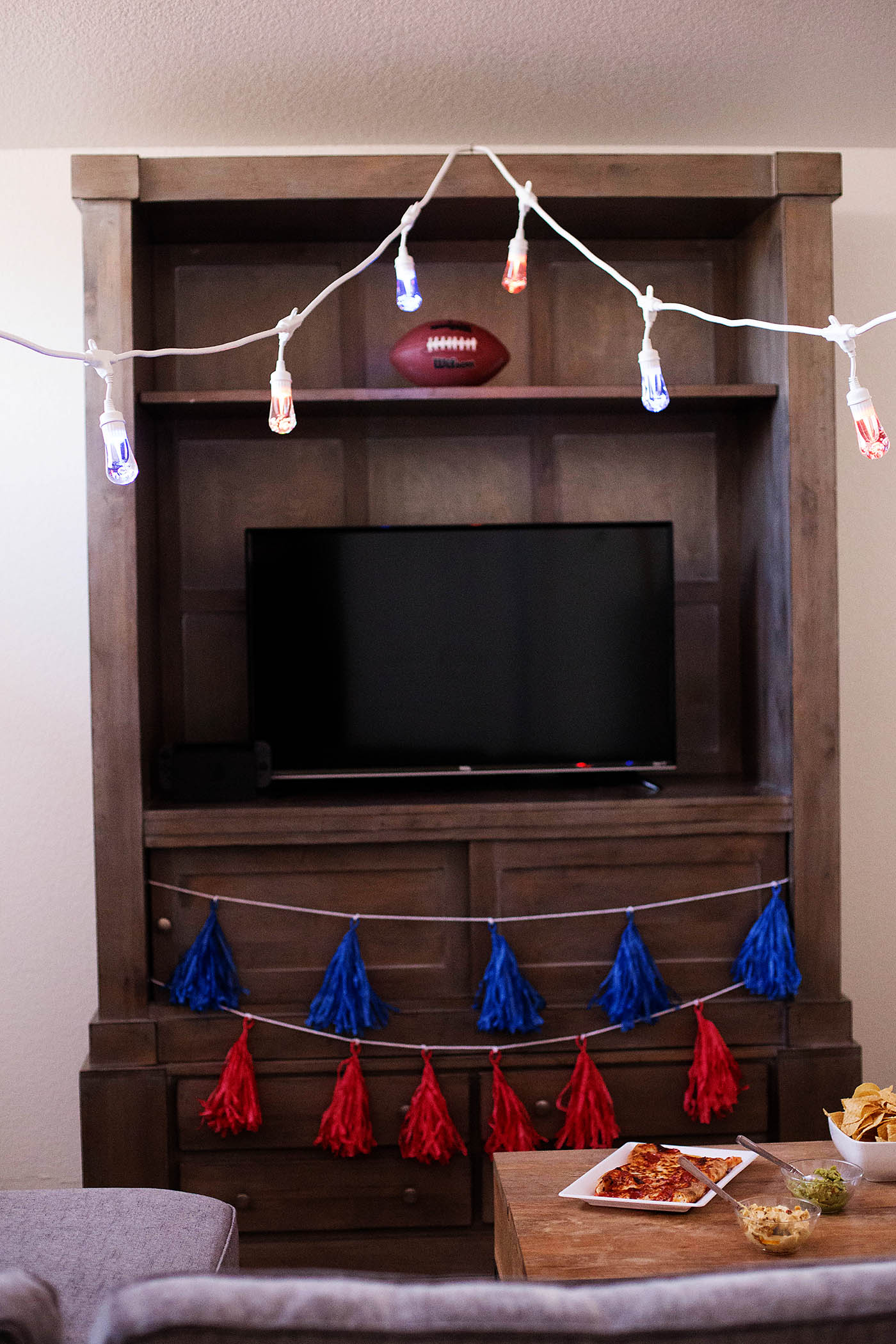 Homegating (a tailgating party at home) made easy with lights that change to your team’s colors and simple food favorites!