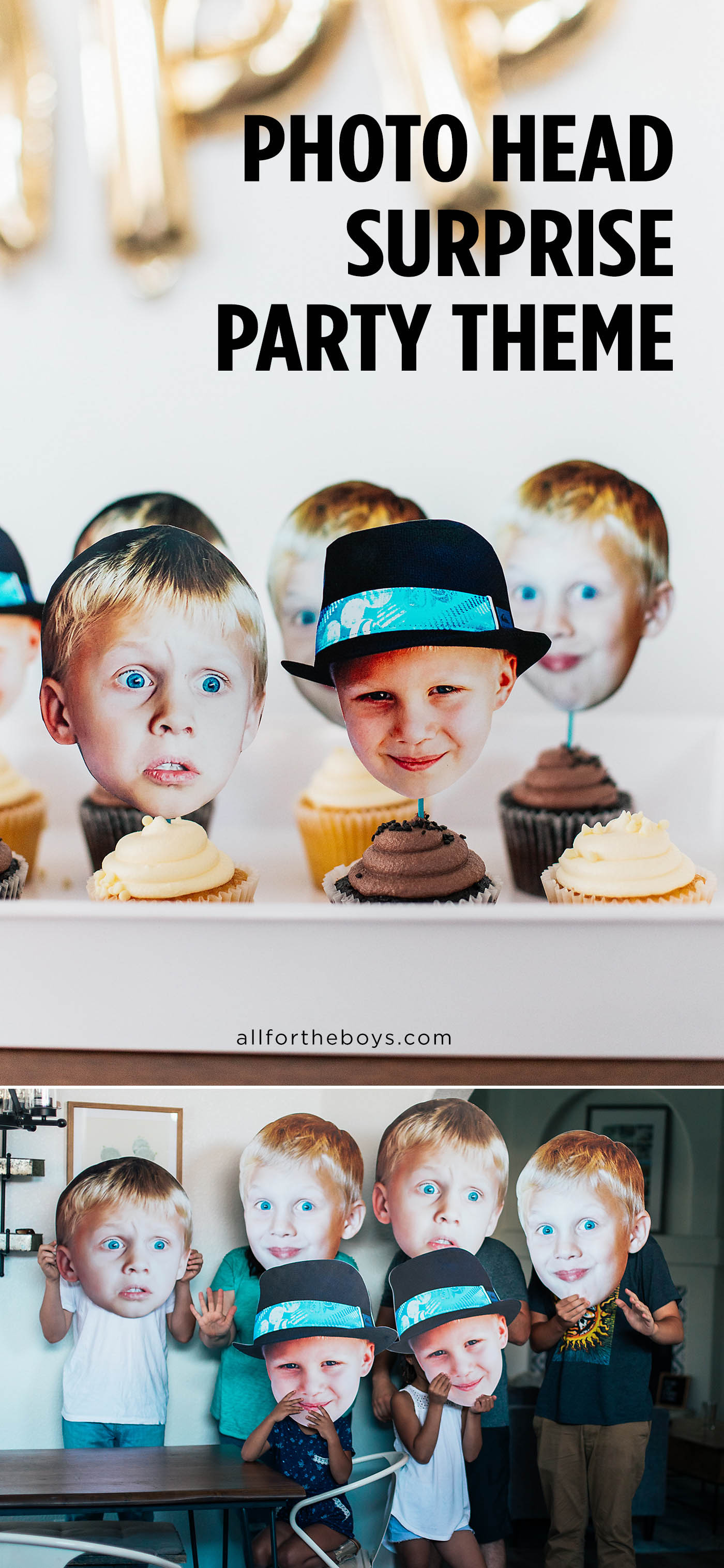 LOVE this photo head surprise party theme! Perfect for graduation, retirement, and anniversaries too!